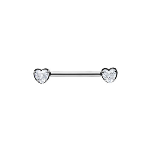 Barbell in argento con estremità a forma di cuore cristallino su sfondo bianco