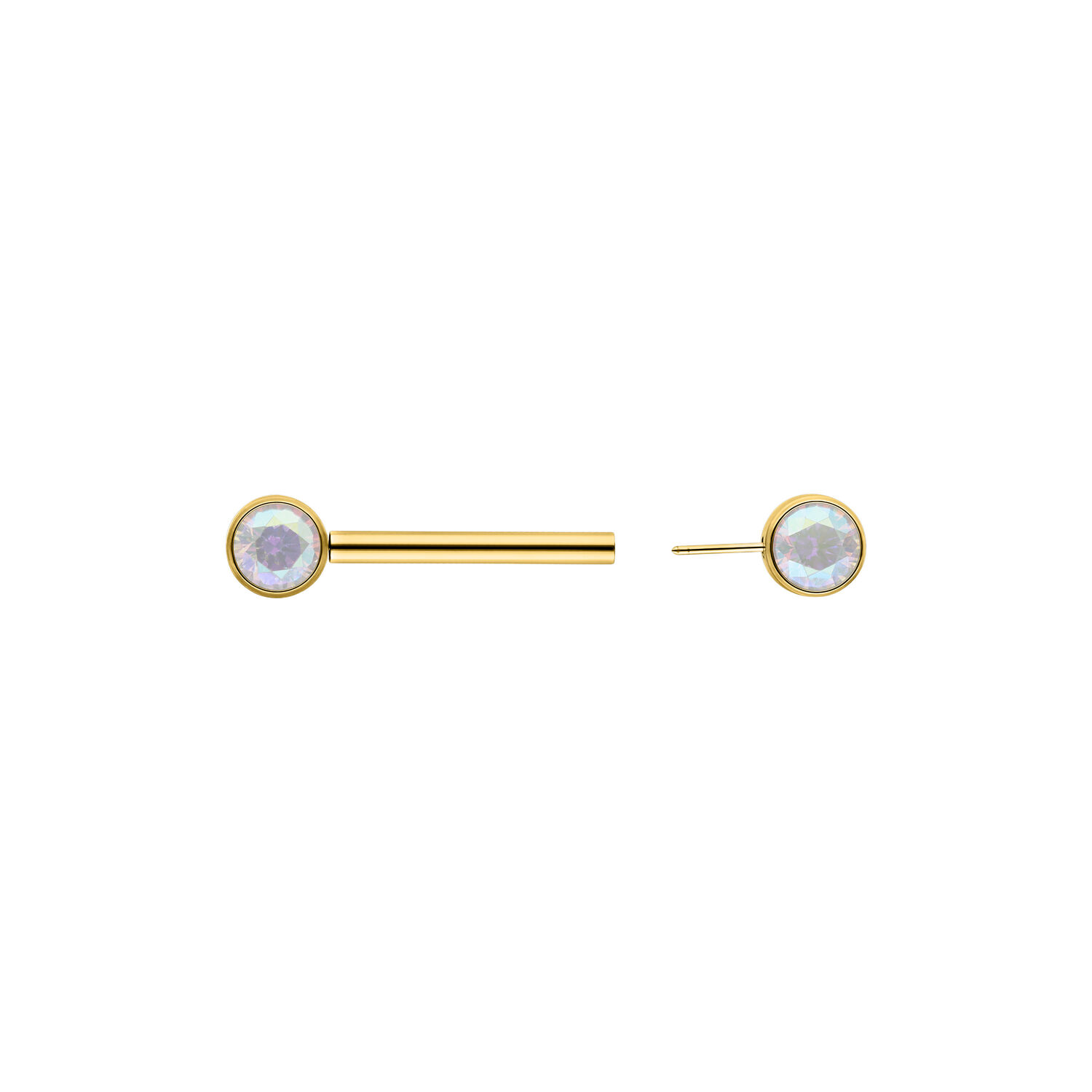 Barbell Muse dorato con cristallo Aurora Boreale su sfondo bianco