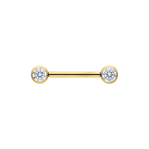 Barbell Muse dorato con estremità cristalline su sfondo bianco
