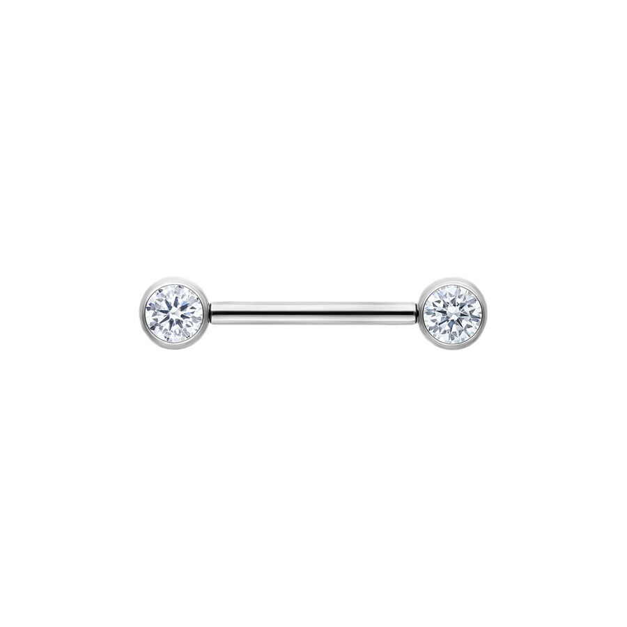 Muse Barbell color argento con pietre cristalline, lunghezza 14mm su sfondo bianco