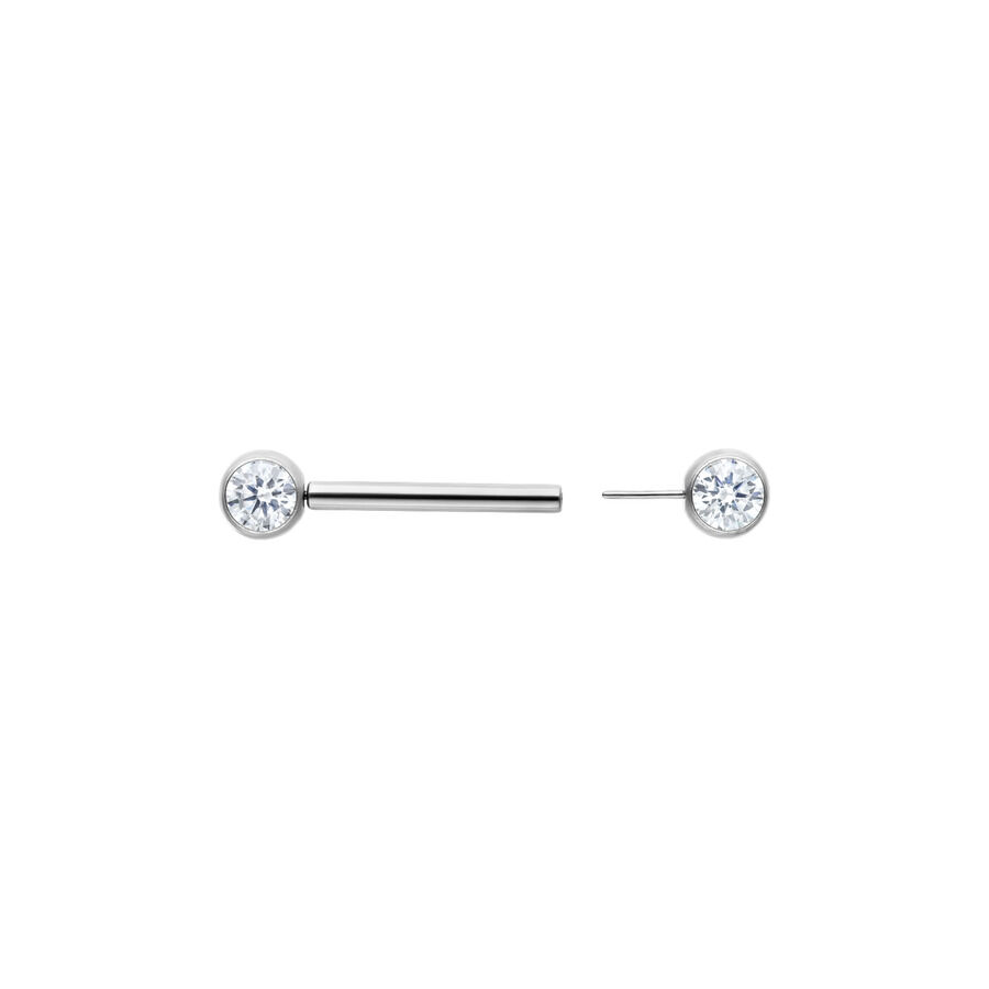 Barbell argento con cristallo chiaro, lunghezza 14 mm, su sfondo bianco