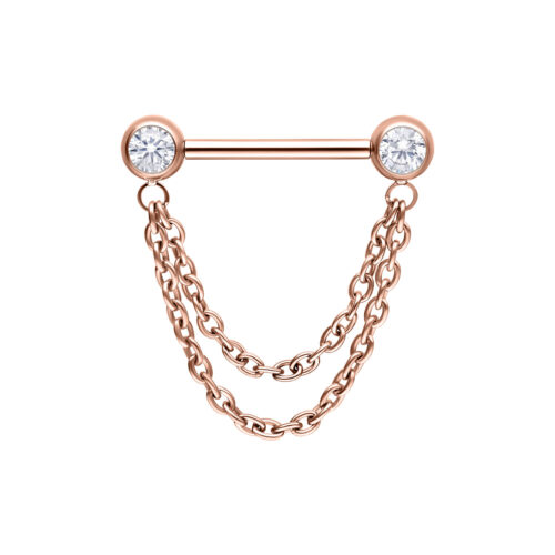 Barbell in oro rosa con due catene e cristalli su sfondo bianco