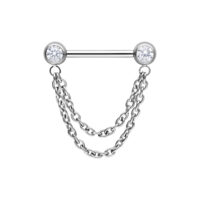 Barbell per capezzolo in titanio argento con due zirconi brillanti e catene doppie su sfondo bianco