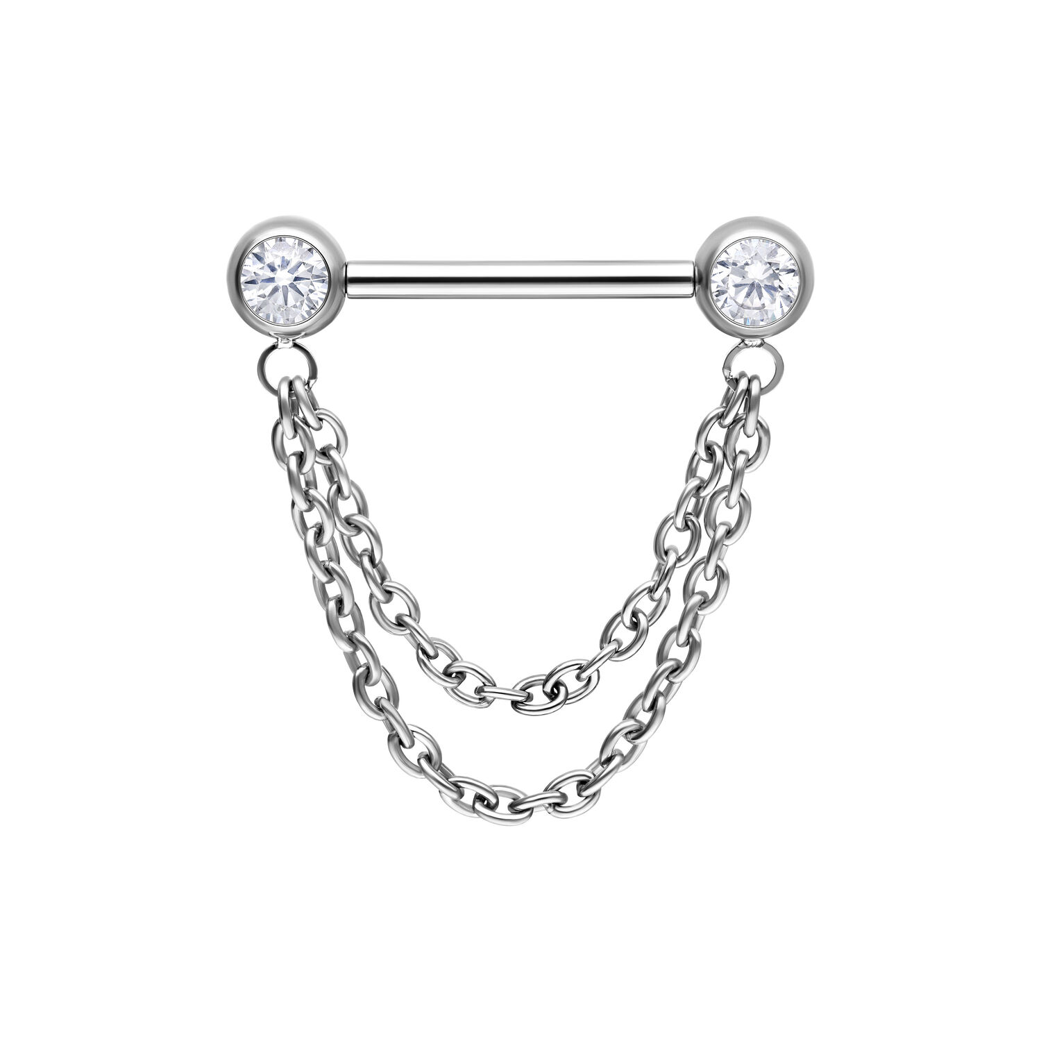 Barbell per capezzolo in titanio argento con due zirconi brillanti e catene doppie su sfondo bianco