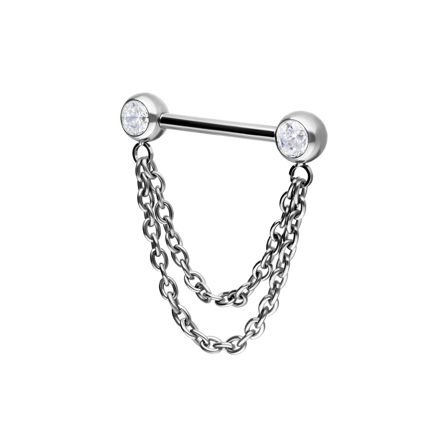 Barbell per capezzolo in argento con due catene e cristalli su sfondo bianco
