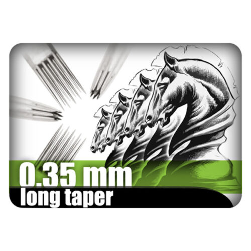 Aghi per tatuaggi Kwadron Round Liner 0.35 mm, design con quattro cavalli degli scacchi
