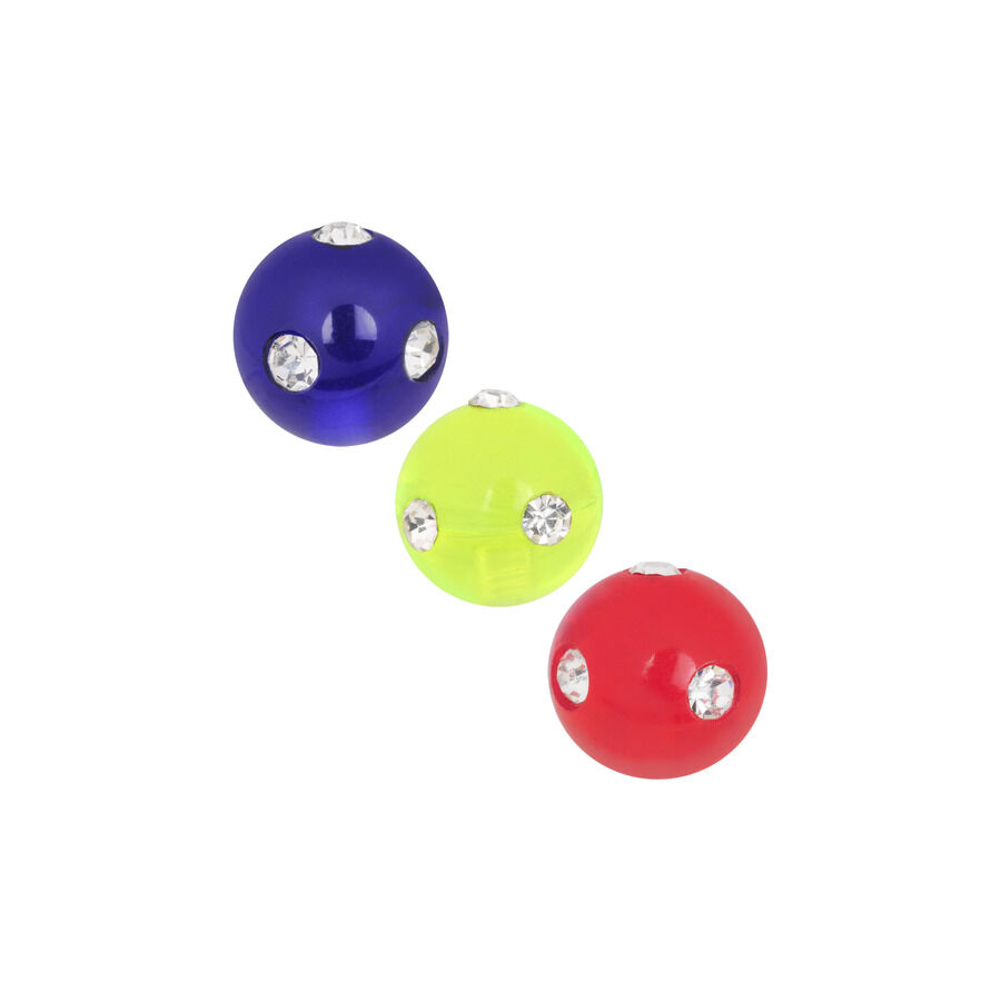 Fluoro Multi Jewelled Punta in Rosso, Blu, Verde Tre punte sferiche in rosso, verde chiaro e blu scuro con pietre preziose su sfondo bianco