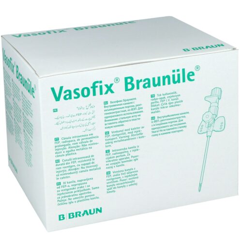 Scatola bianca con scritta verde 'Vasofix Braunüle' e logo B. Braun