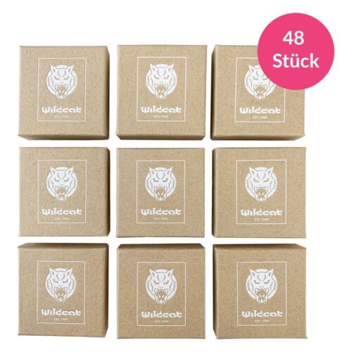 Nove scatole per gioielli marroni con logo Wildcat disposte in 3x3 su sfondo bianco