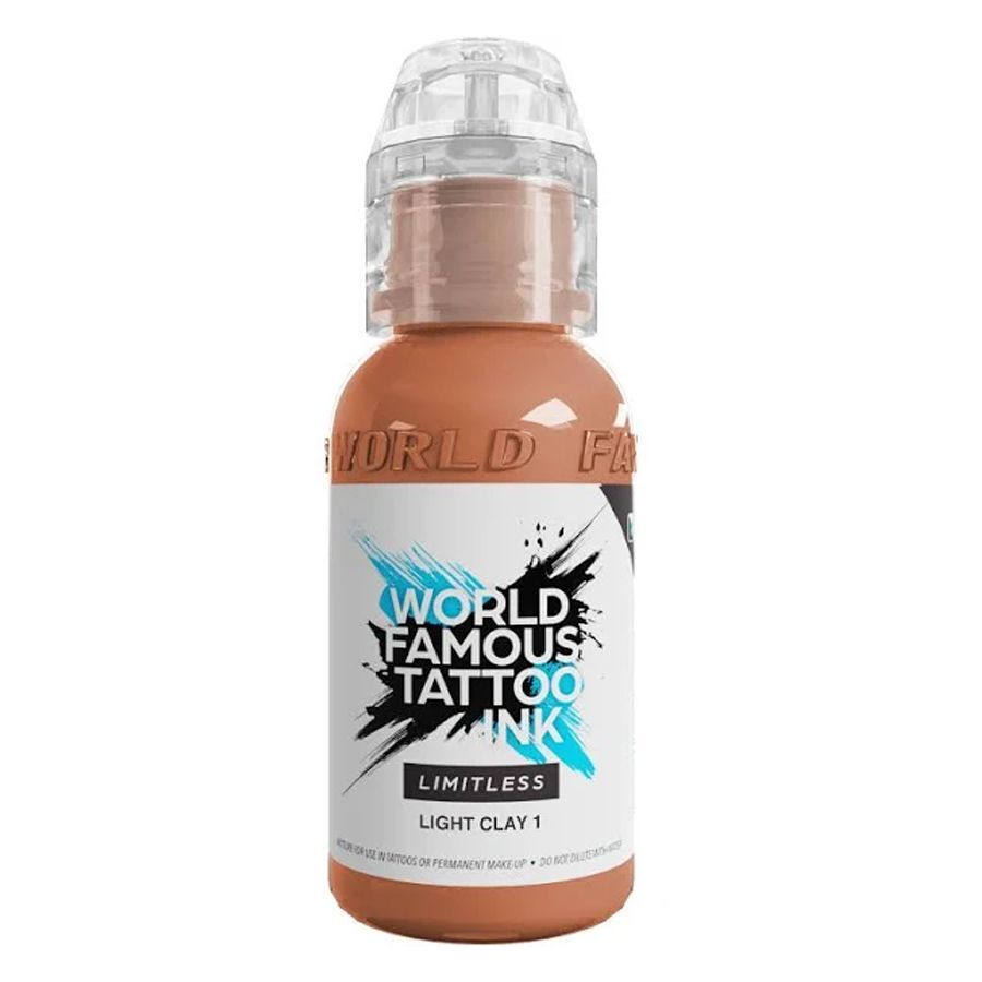 World Famous Ink Limitless Light Clay 1 - 30 ml Inchiostro per tatuaggi marrone e beige, flacone da 30 ml su sfondo bianco