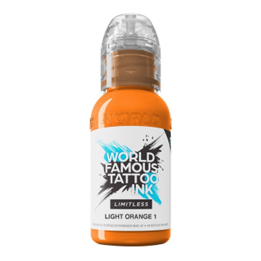 World Famous Ink Limitless Light Orange 3 Inchiostro per tatuaggi Inchiostro arancione per tatuaggi di World Famous Ink, flacone da 30 ml su sfondo bianco