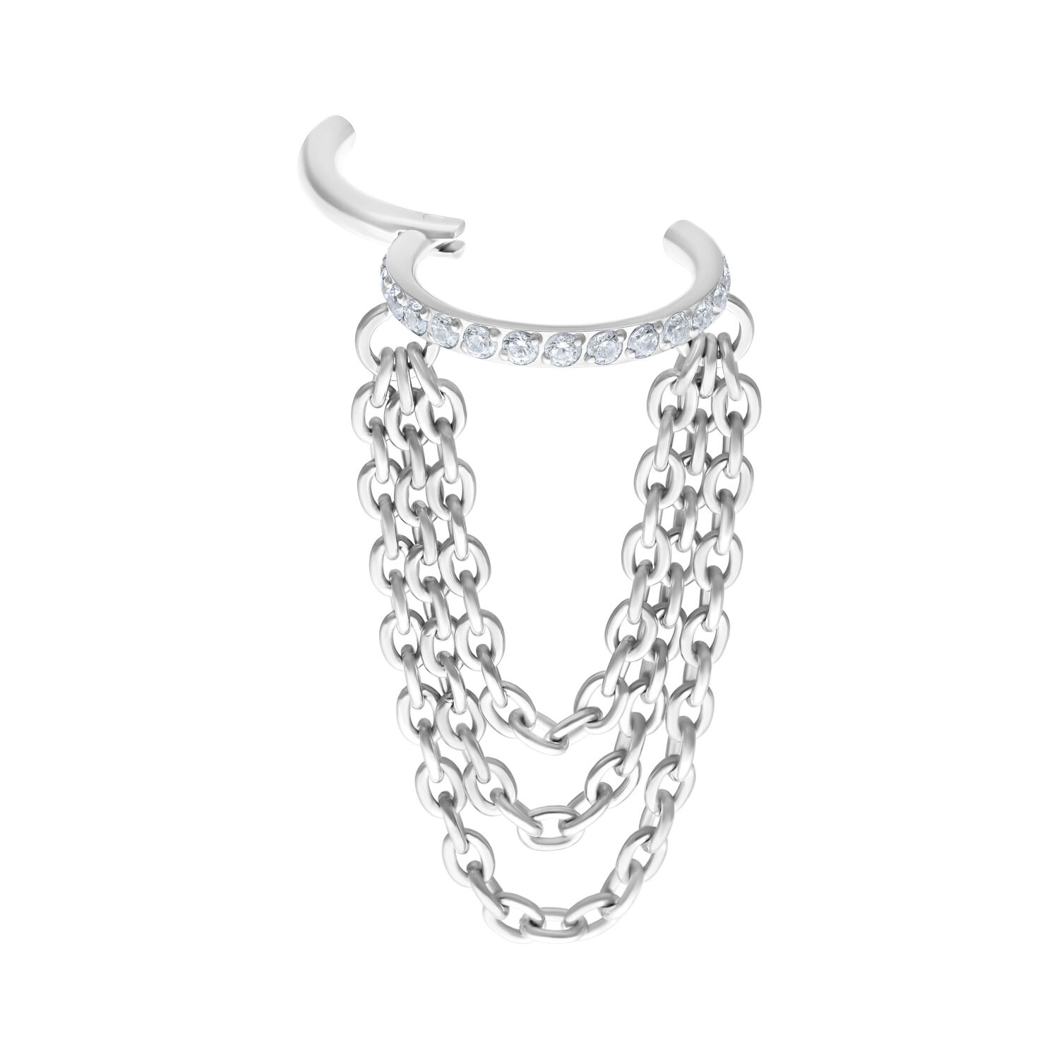 Clicker a tripla catena argentato con cristalli su sfondo bianco