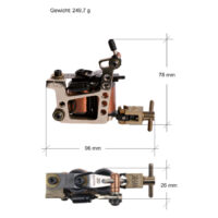 Macchina per tatuaggi Bronze Gun II in ottone con bobina in rame su sfondo bianco