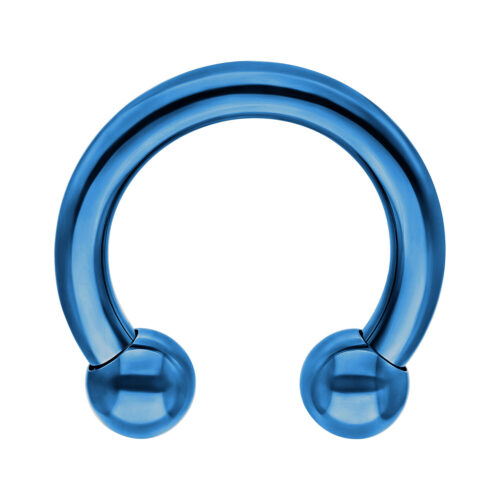Barbell circolare blu scuro in titanio con due sfere su sfondo bianco