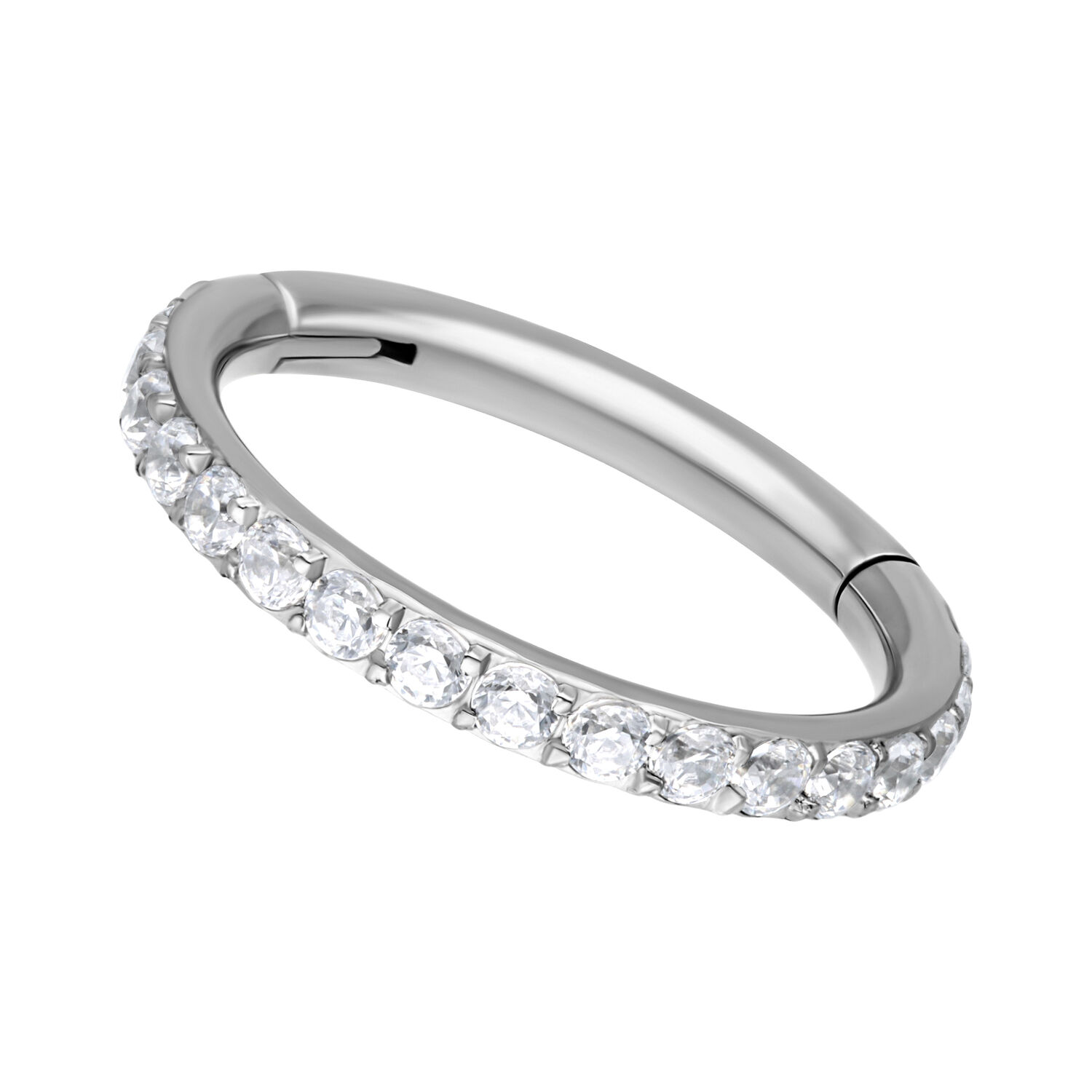 Anello piercing in argento con cristalli, diametro interno 6,0 mm, su sfondo bianco