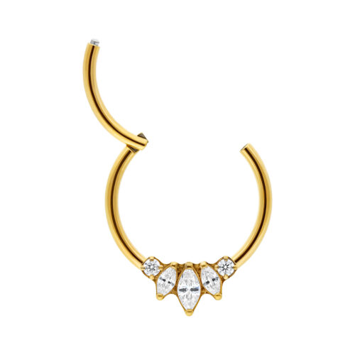 Clicker in titanio dorato con cinque zirconi chiari su sfondo bianco