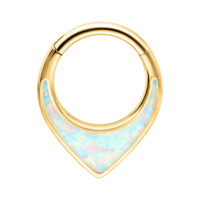 Piercing Clicker per septum in oro con inserto in opale sintetico su sfondo bianco