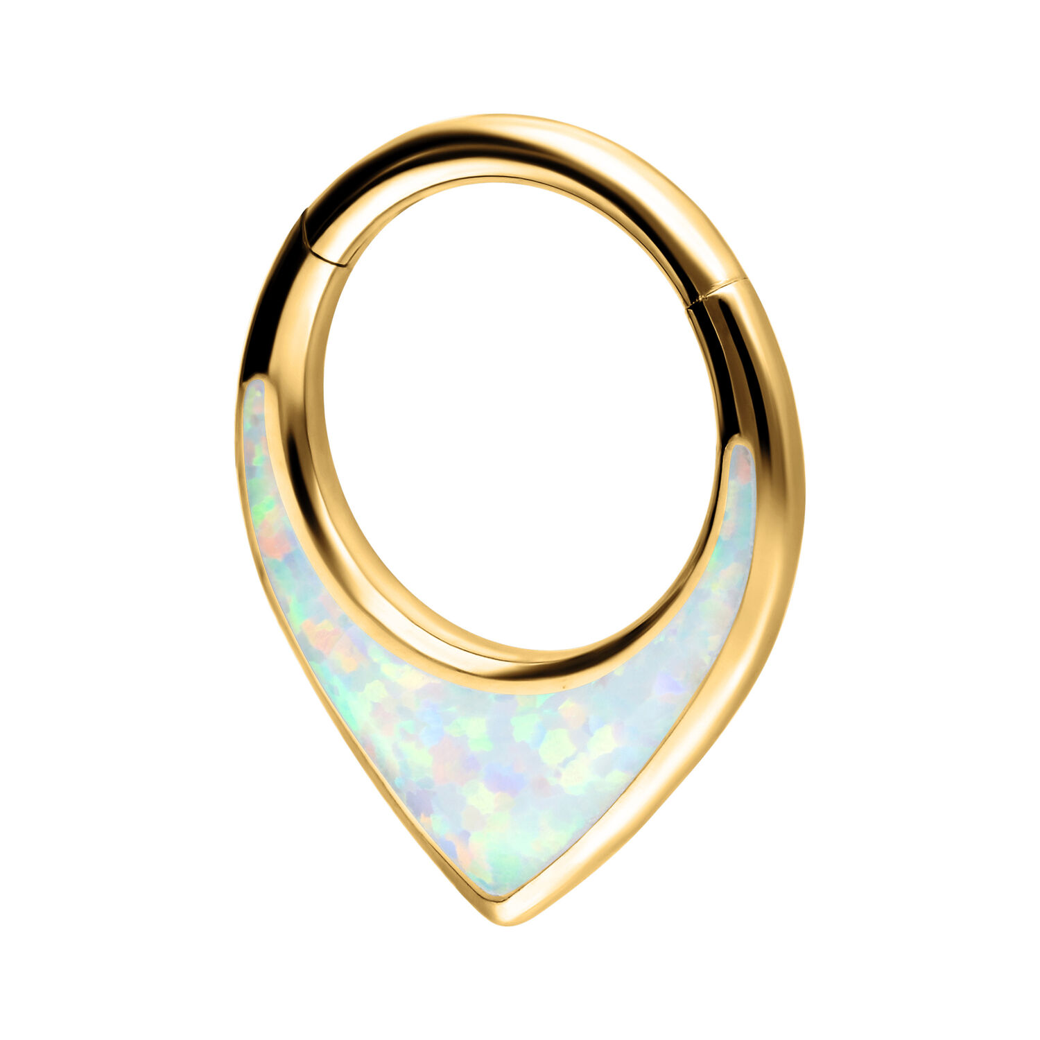 Clicker per setto in oro con opale sintetico su sfondo bianco