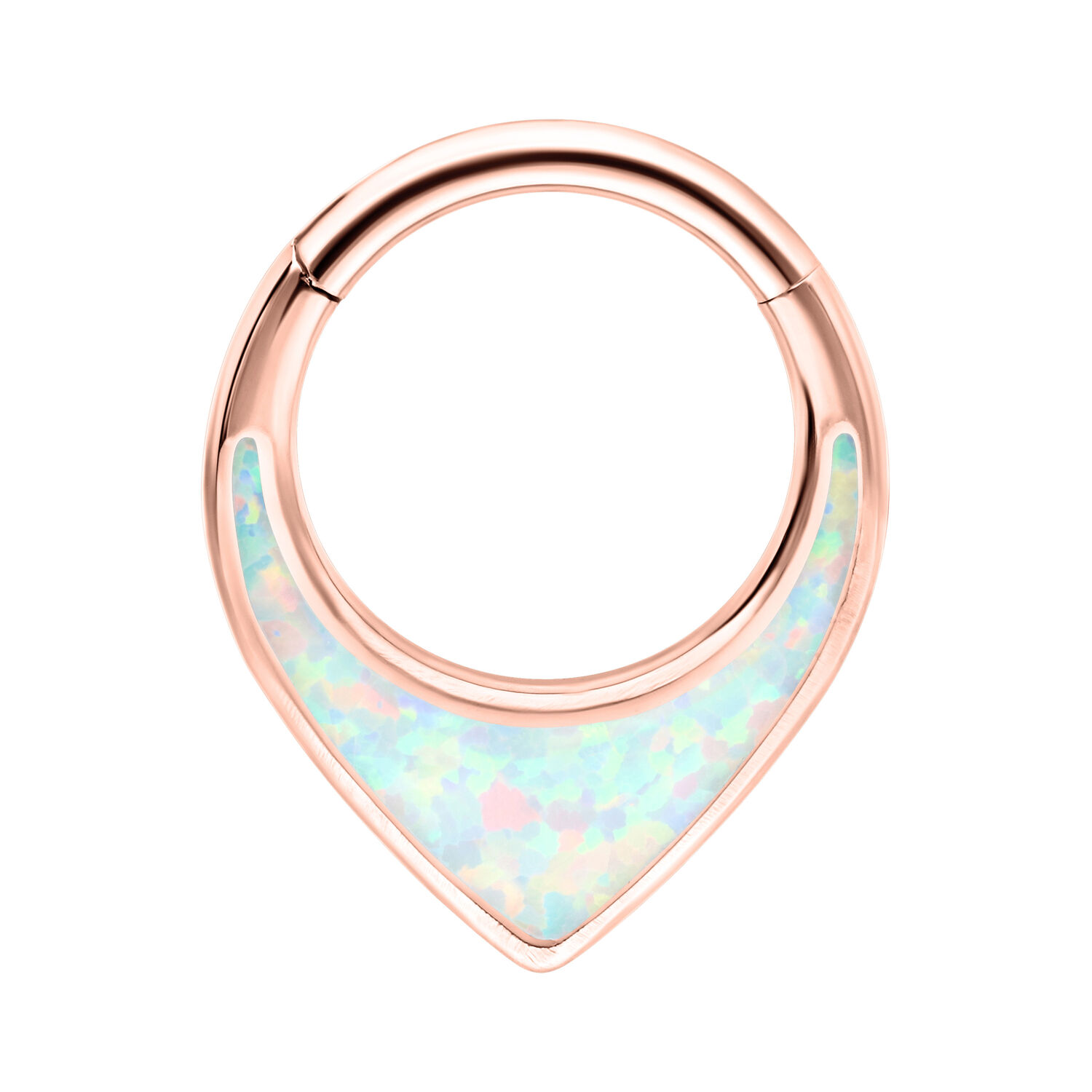 Clicker Setto Nasale in Oro Rosa con Opale sintetico su sfondo bianco