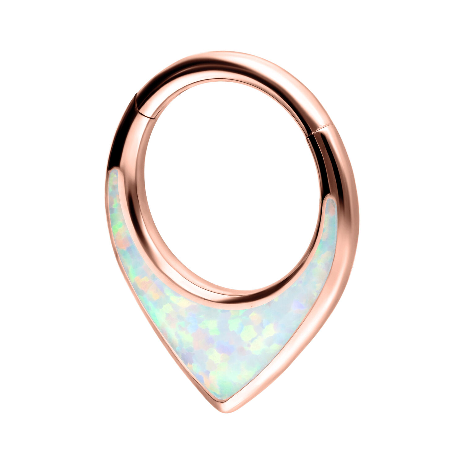 Clicker per septum in oro rosa con opale sintetico su sfondo bianco