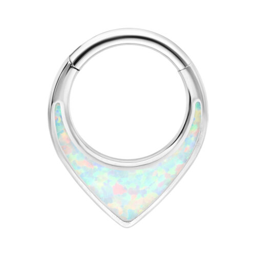 Septum Clicker in argento con opale sintetico su sfondo bianco