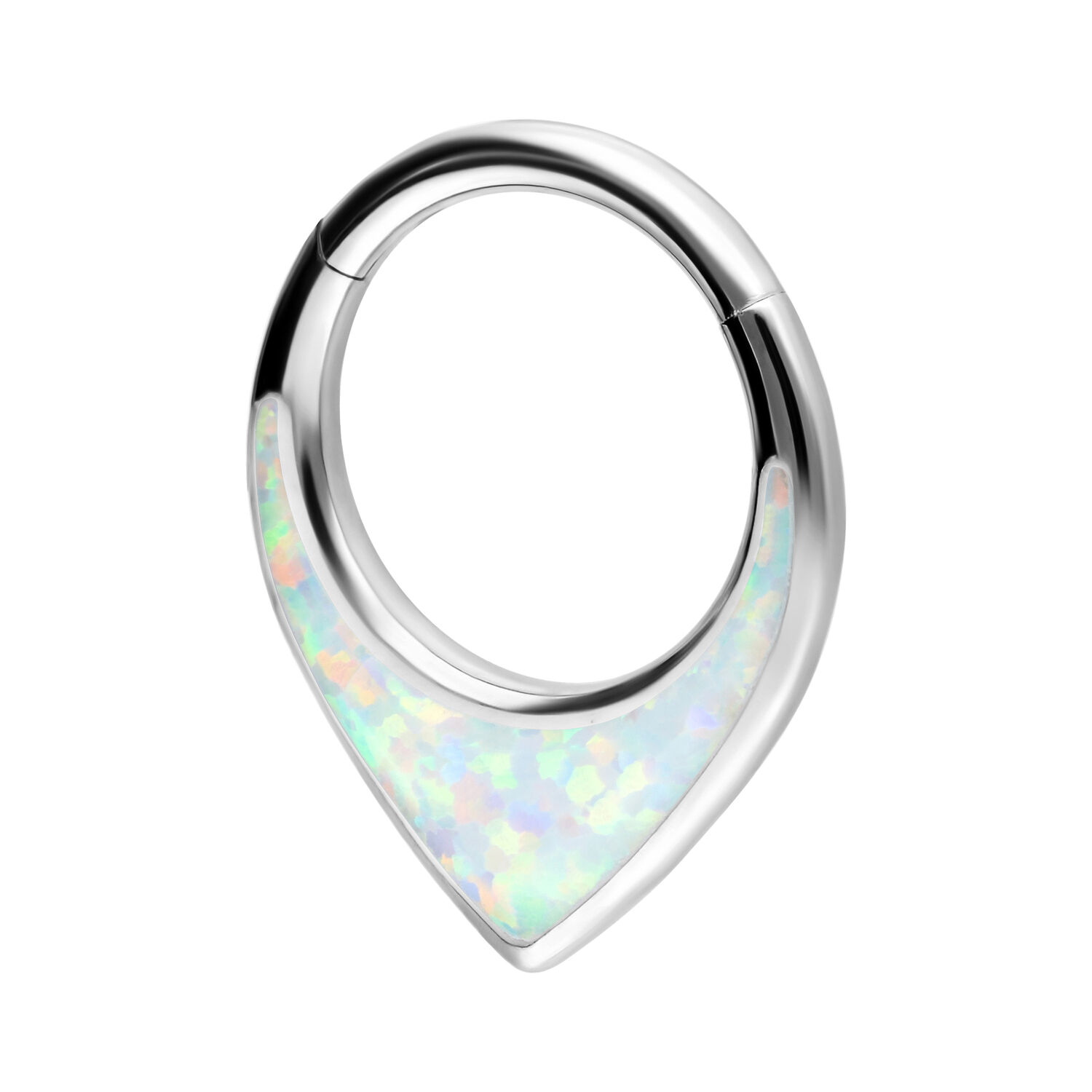 Septum Clicker in titanio argento con cristalli opalescenti su sfondo bianco