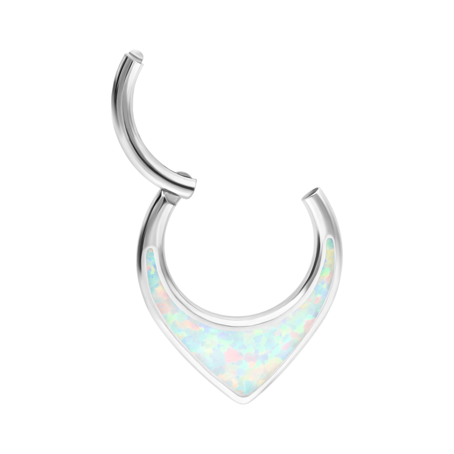 Septum Clicker in argento con opale sintetico bianco su sfondo bianco