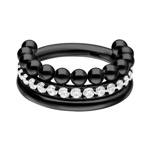 Anello a cerniera in titanio nero con cristalli bianchi, 12 mm, su sfondo bianco