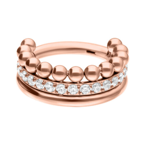 Clicker Triple Bubble Crystal in oro rosa con cristalli bianchi, 12,0 mm di diametro interno su sfondo bianco
