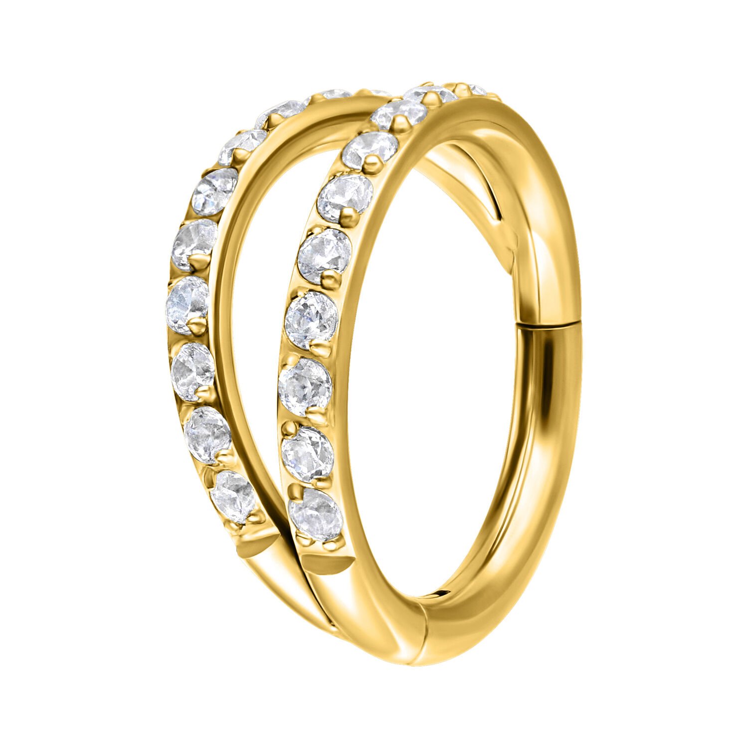 Clicker piercing dorato con due file di cristalli bianchi su sfondo bianco