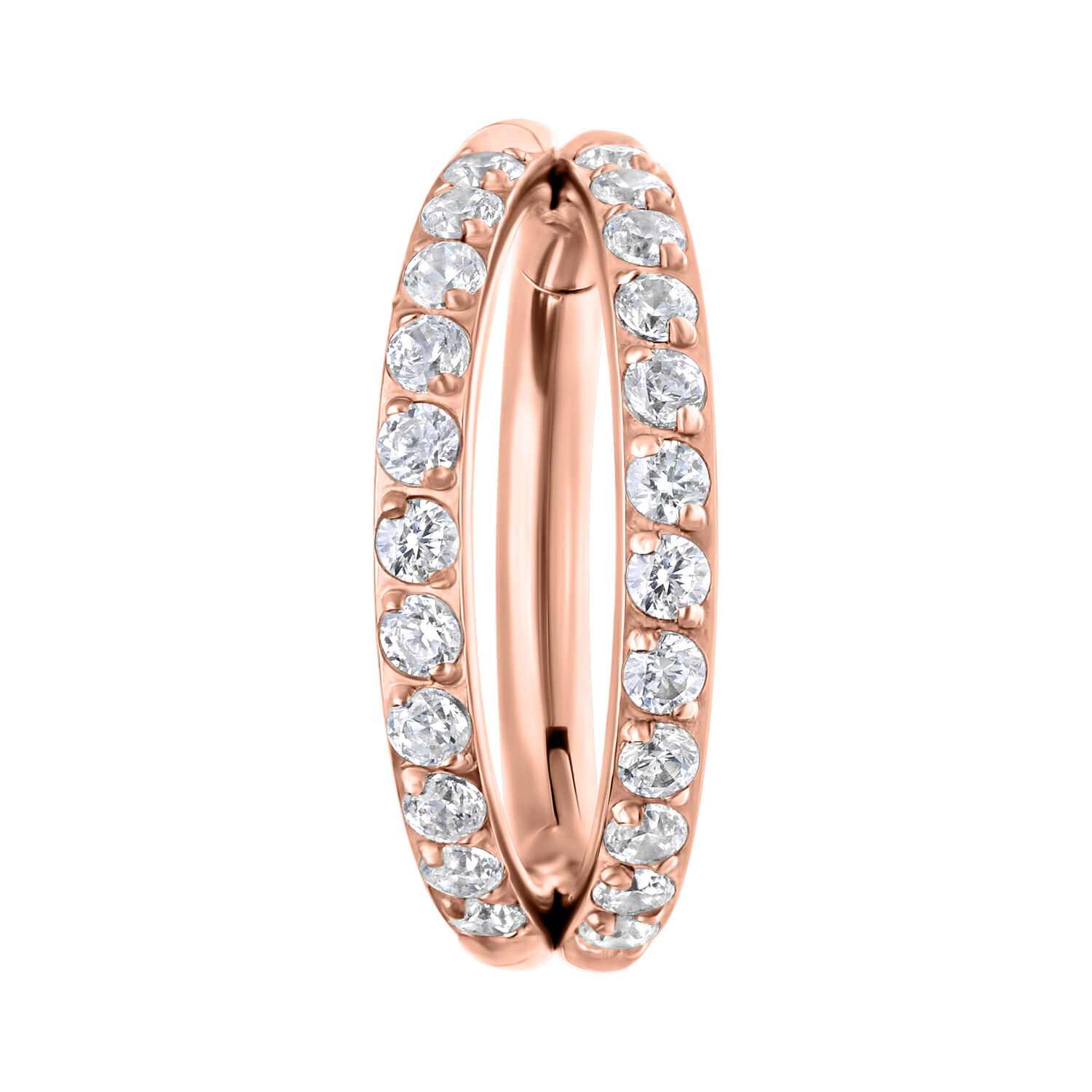 Anello piercing in oro rosa con doppia fila di cristalli su sfondo bianco