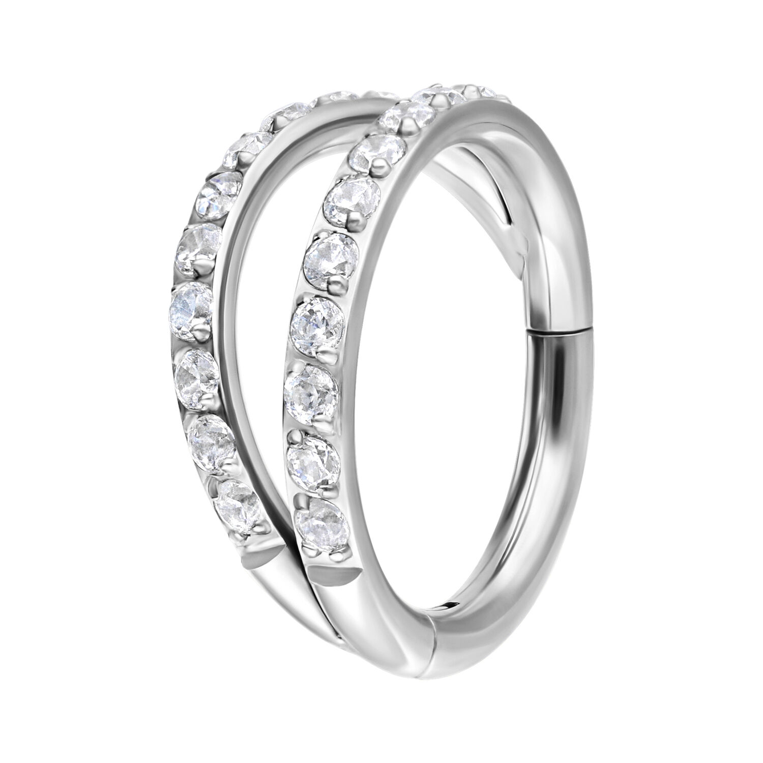 Clicker a doppia fila in argento con cristalli bianchi su sfondo bianco