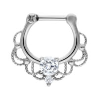 Clicker per setto in argento chirurgico con cristallo chiaro su sfondo bianco