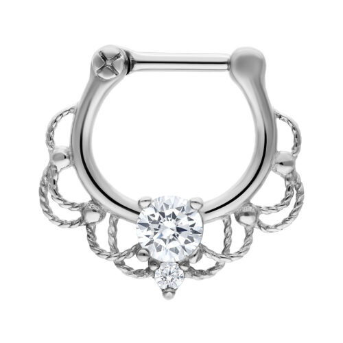 Clicker per setto in argento chirurgico con cristallo chiaro su sfondo bianco