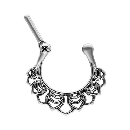 Clicker settale argento con dettagli floreali su sfondo bianco