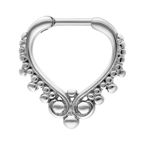 Septum Clicker in argento acciaio chirurgico con design decorato su sfondo bianco