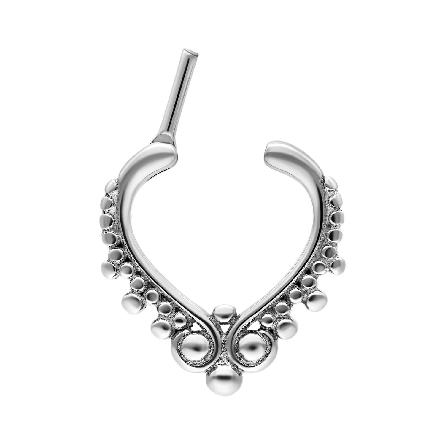 Clicker per setto nasale argentato con decorazione di perle su sfondo bianco