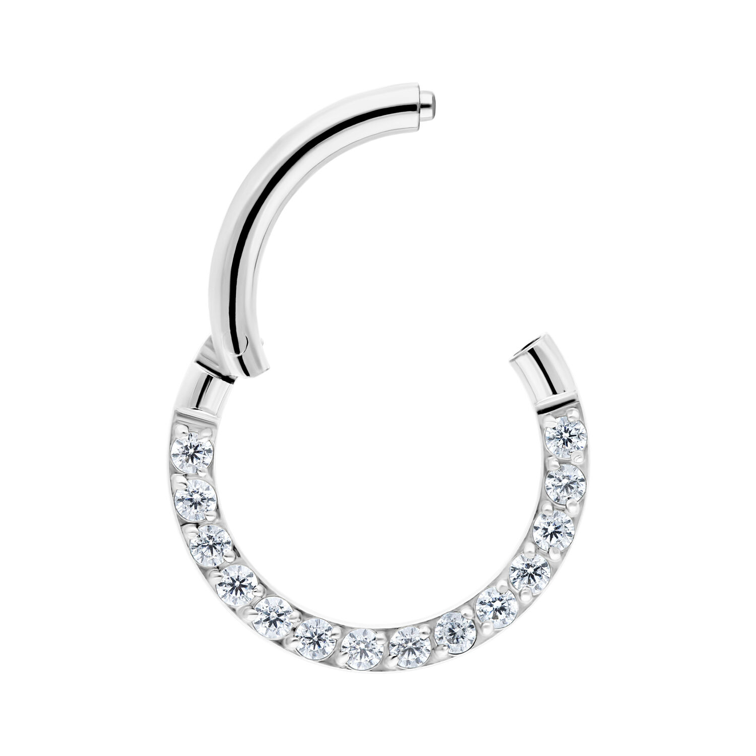 Clicker in argento con cristalli pavé su sfondo bianco