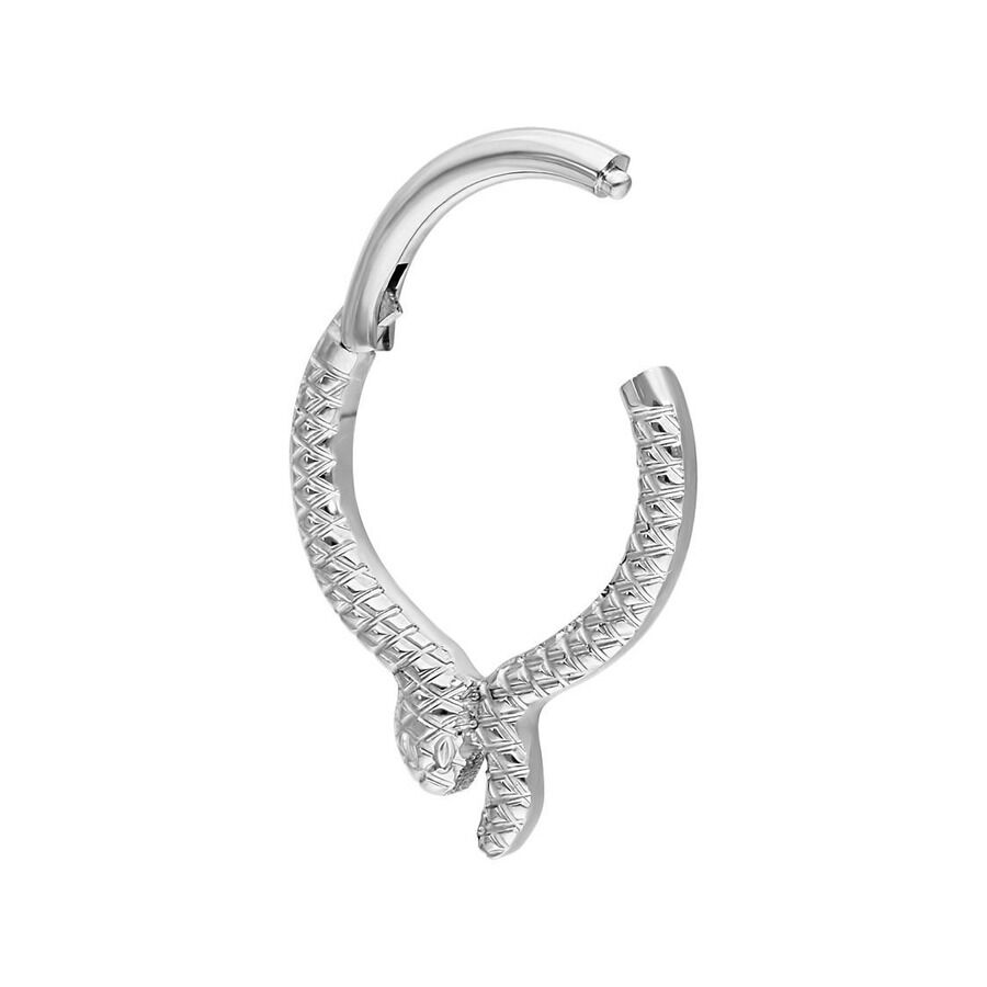 Serpentes Clicker in argento in titanio con design a serpente su sfondo bianco