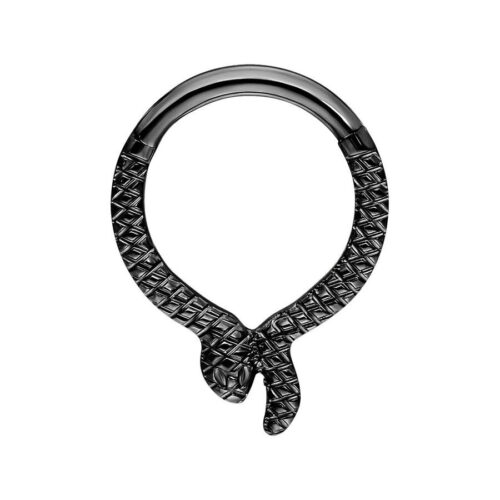 Clicker Serpentes nero in titanio con motivo a serpente su sfondo bianco
