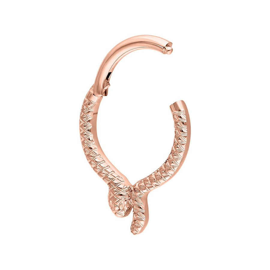 Piercing Clicker Serpentes in oro rosa con motivo serpente su sfondo bianco