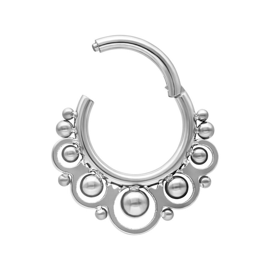 Clicker in titanio argento con sfere, diametro 8mm, su sfondo bianco