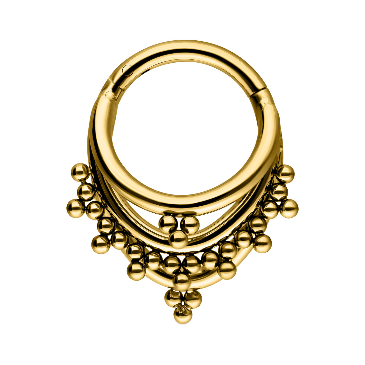 Anello piercing dorato con tripli archi e palline su sfondo bianco