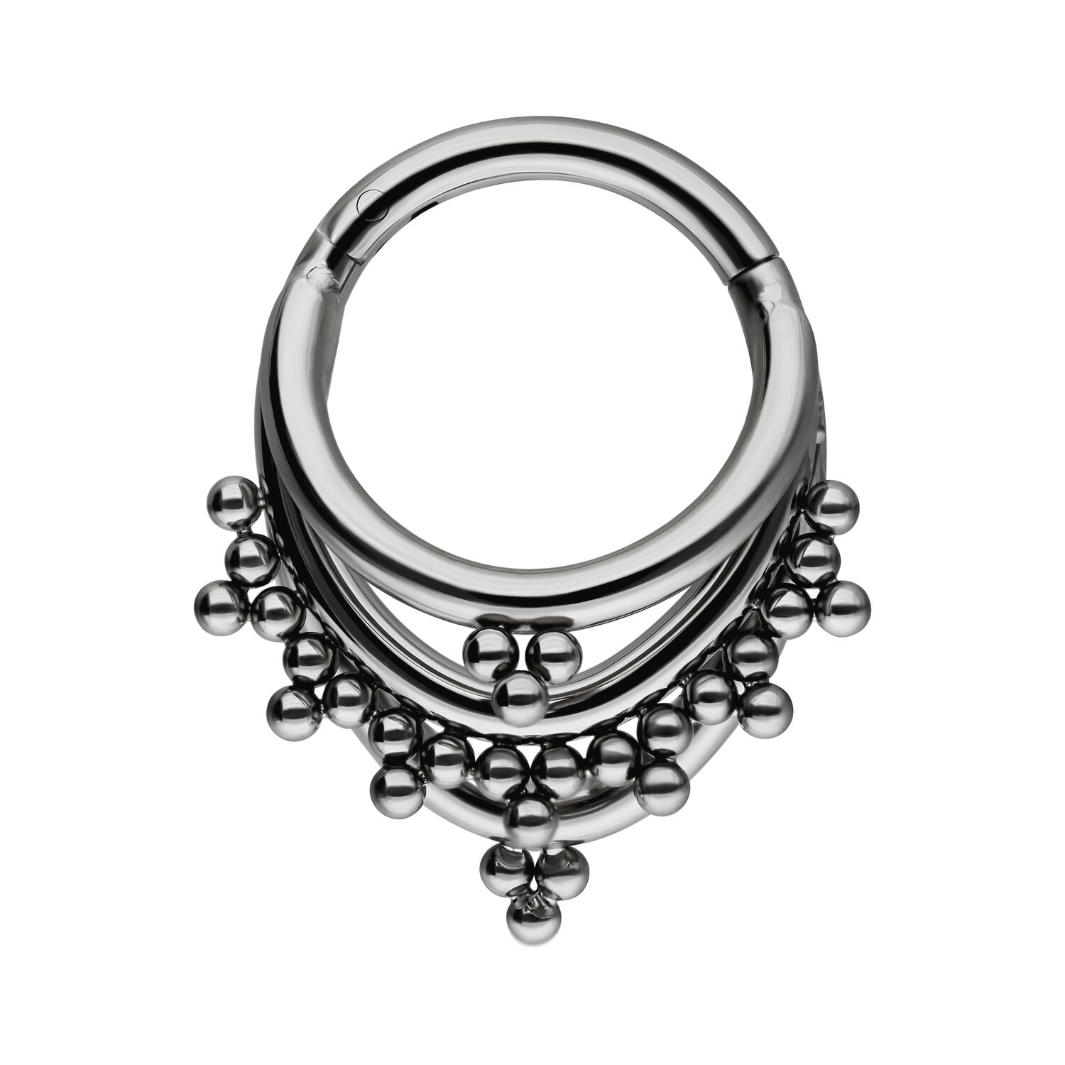 Triplo Clicker Orientale argentato con dettagli a sfera su sfondo bianco