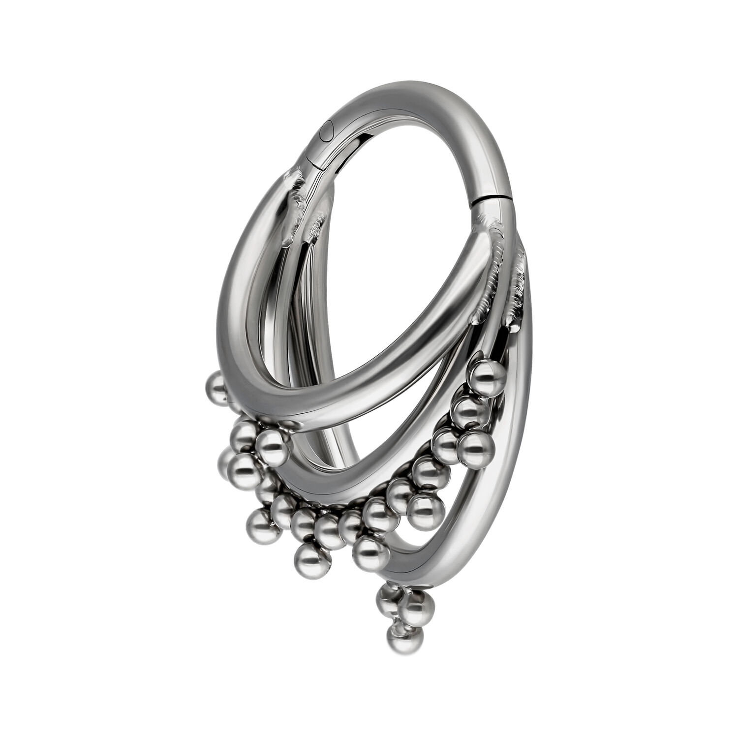 Anello piercing argentato con tre cerchi ondulati e sfere su sfondo bianco