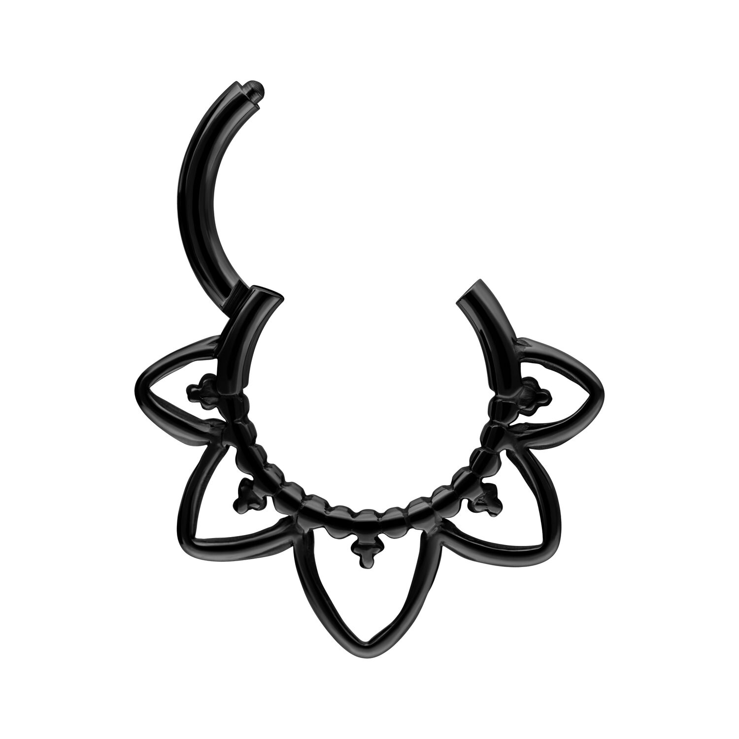 Clicker septum nero in titanio con design orientale su sfondo bianco