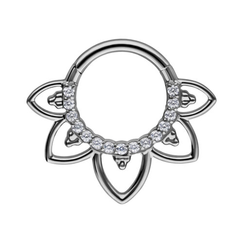 Clicker per setto nasale in titanio nero con cristalli chiari su sfondo bianco