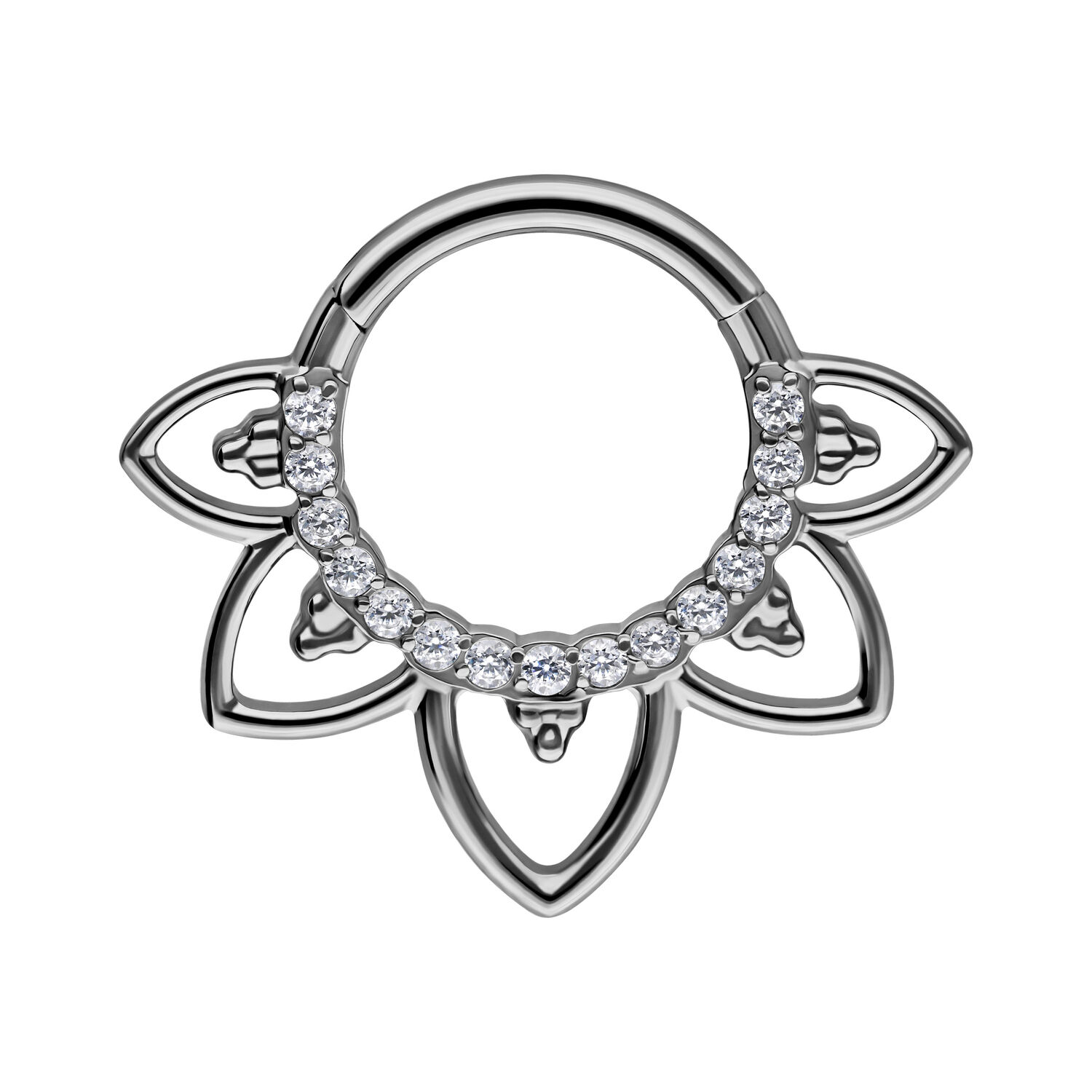 Clicker per setto nasale in titanio nero con cristalli chiari su sfondo bianco