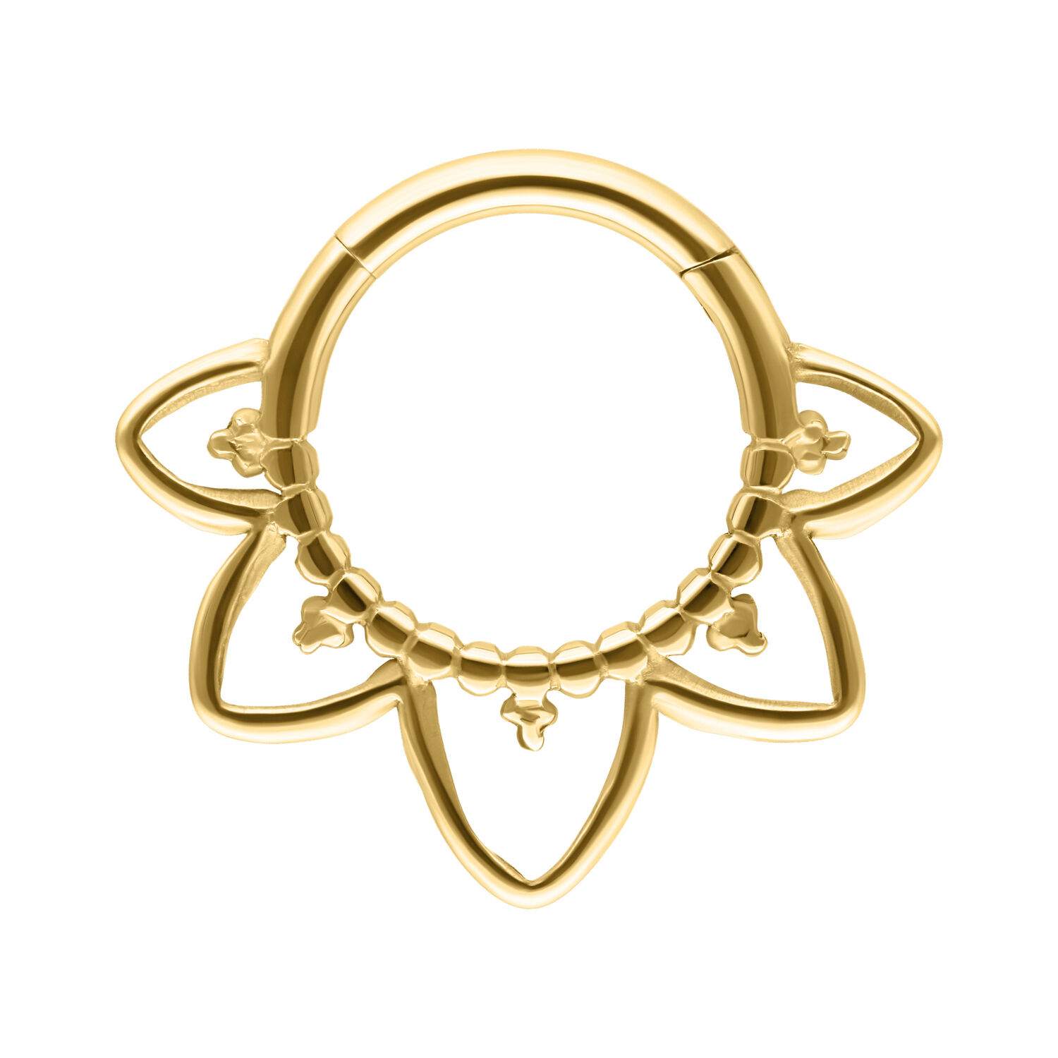 Clicker Septum Orientale in Oro di Titanio Clicker Septum in oro di titanio con design orientale su sfondo bianco