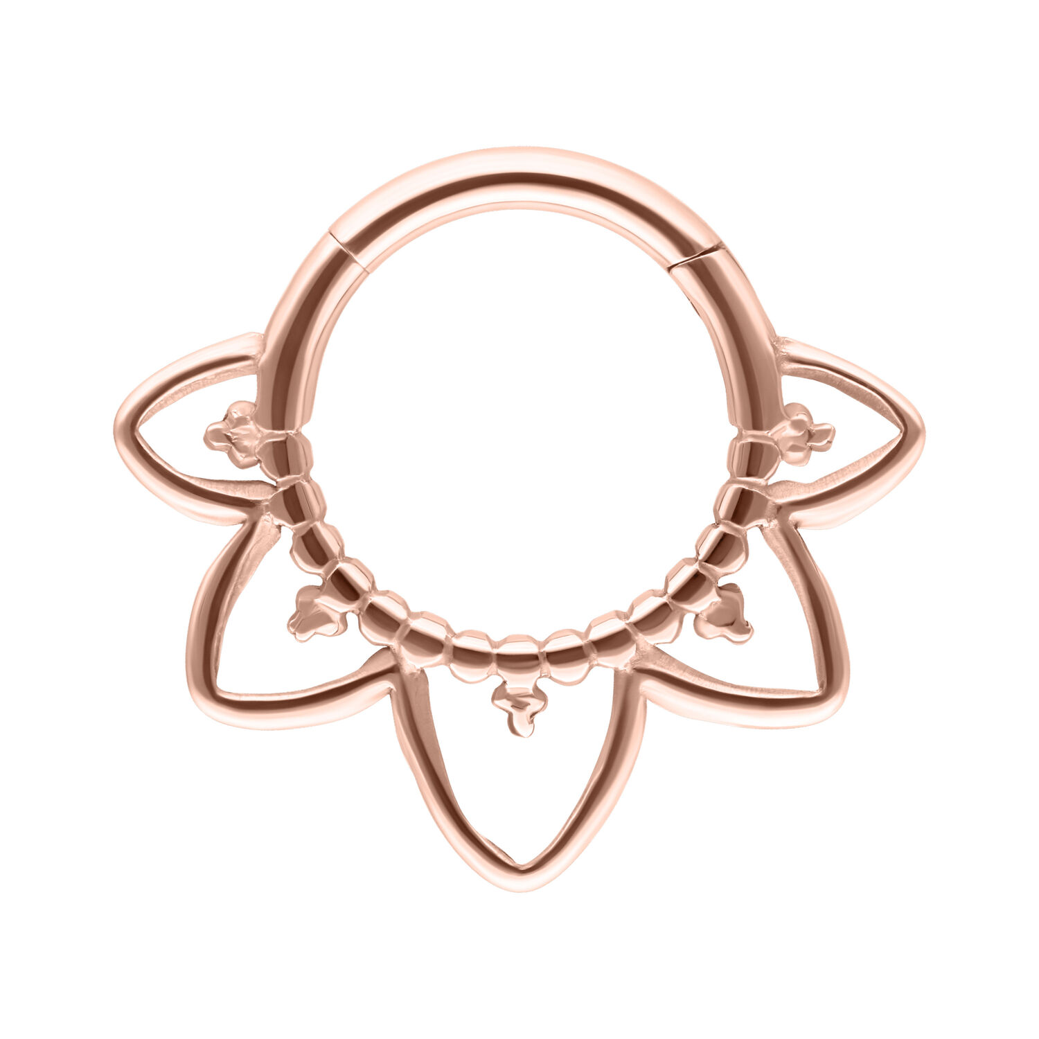 Clicker per setto in oro rosa con design orientale su sfondo bianco